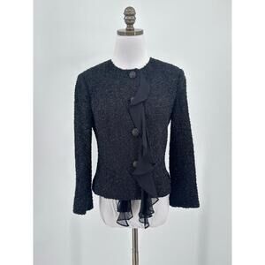St. John Black Shine Boucle Ruffle Crew Long Sleeve Button Blazer Jacket Sz 6